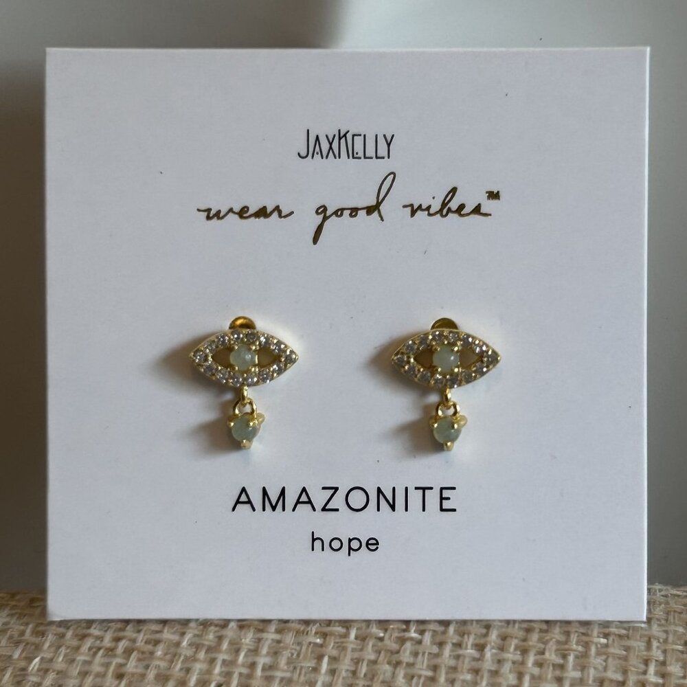 NEW Jax Kelly Green Amazonite Evil Eye Drop Earrings Hope Stone Hypoallergenic